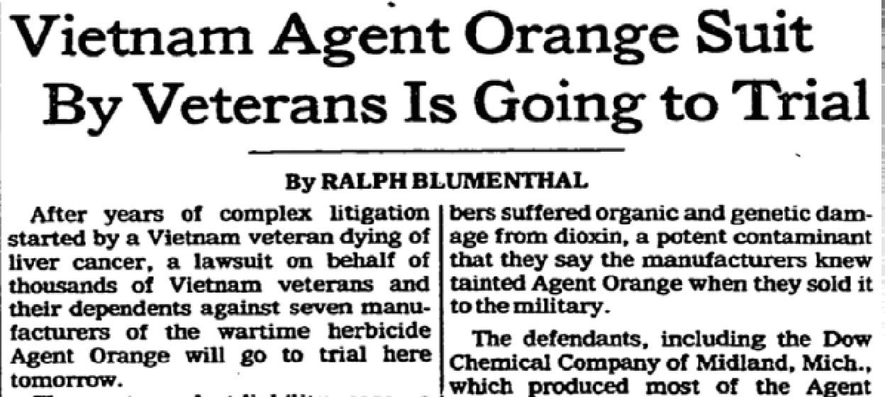 Một bài báo với tiêu đề “Vụ kiện chất độc da cam của cựu chiến binh Việt Nam sắp được đưa ra xét xử”. Bài báo được đăng trên tờ New York Times ngày 6/5/1984.